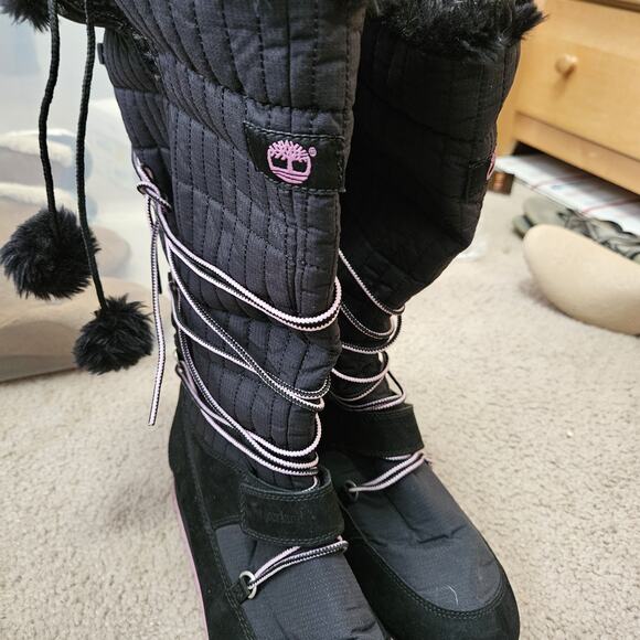 Womens Timberland MukLuk Style Boot Knee High Black Leather Nylon Pink Sole Sz 7 - Picture 3 of 13